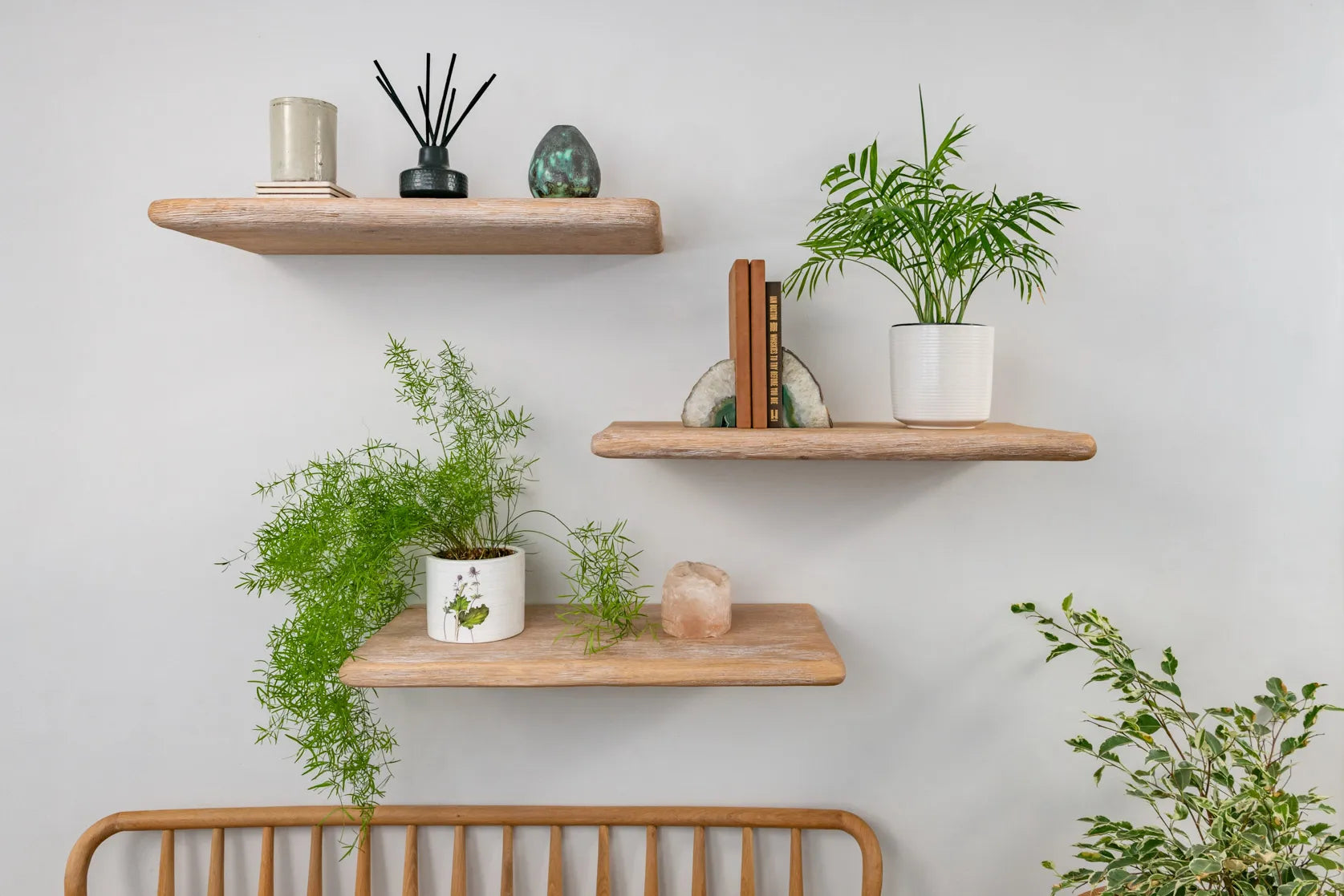 Thin Rustic Reclaimed Style White Oak Shelves cottage beams