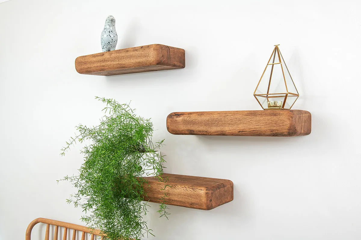 Chunky Rustic Aged Solid Oak Floating Shelves (14cm x 9cm x 40cm Set of 3)
