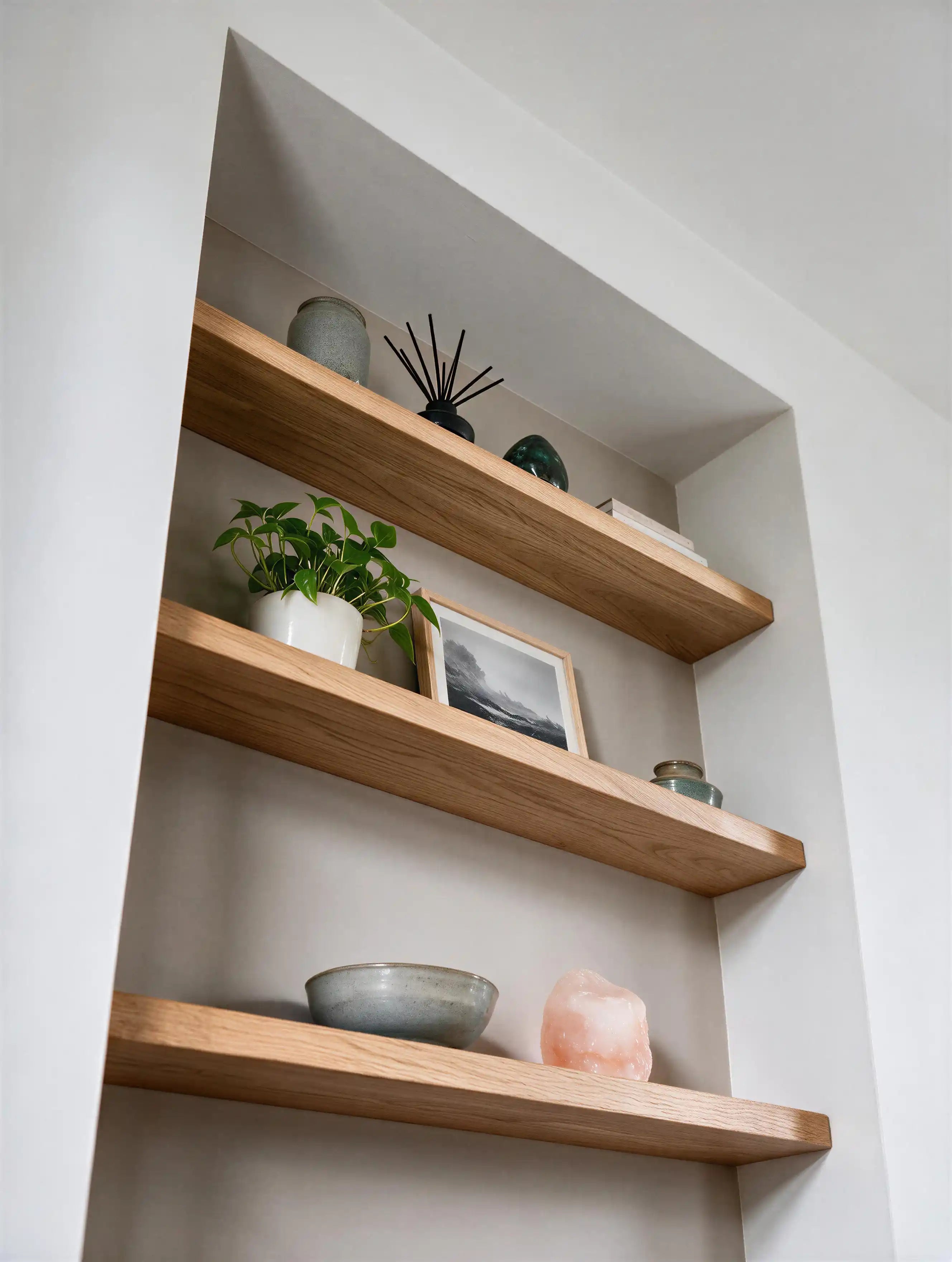 Contemporary Style Natural Oak Alcove Shelves