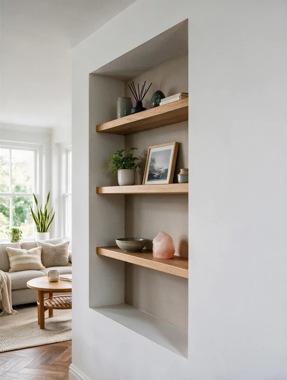 Contemporary Style Natural Oak Alcove Shelves