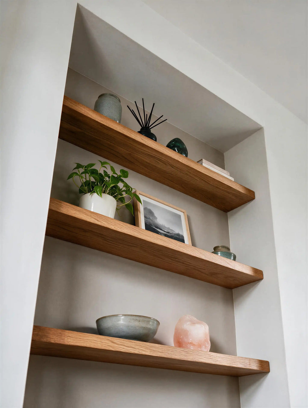 Contemporary Style Warm Oak Alcove Shelves