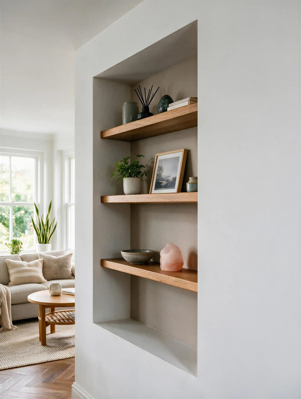 Contemporary Style Warm Oak Alcove Shelves