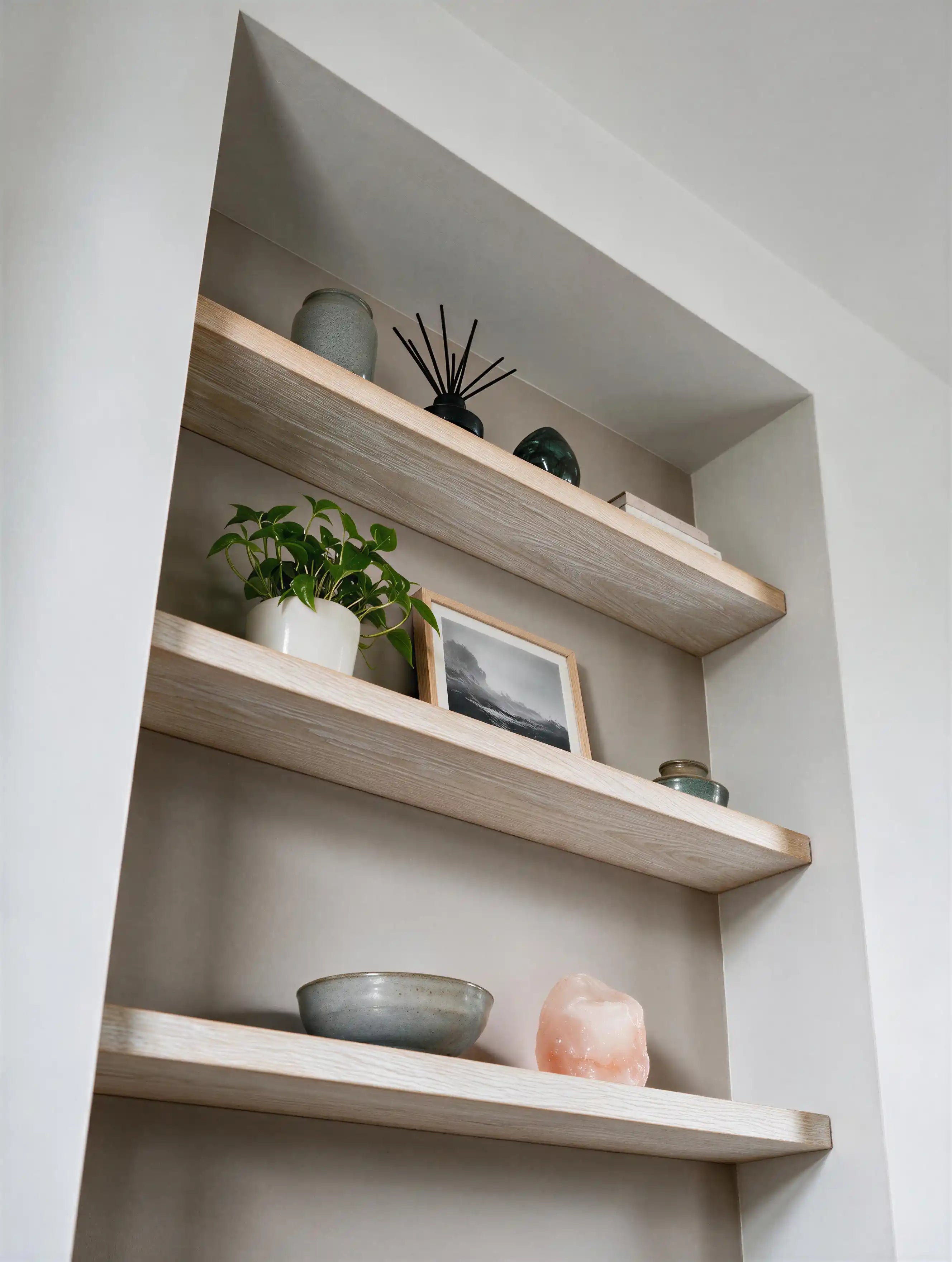 Contempoary Style White Oak Alcove Shelves