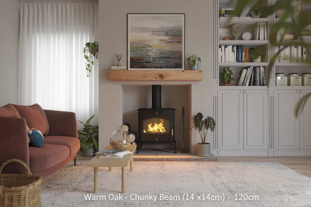 A warm oak fireplace beam with handcrafted rounded edges, displayed in a country cottage style living room setting.