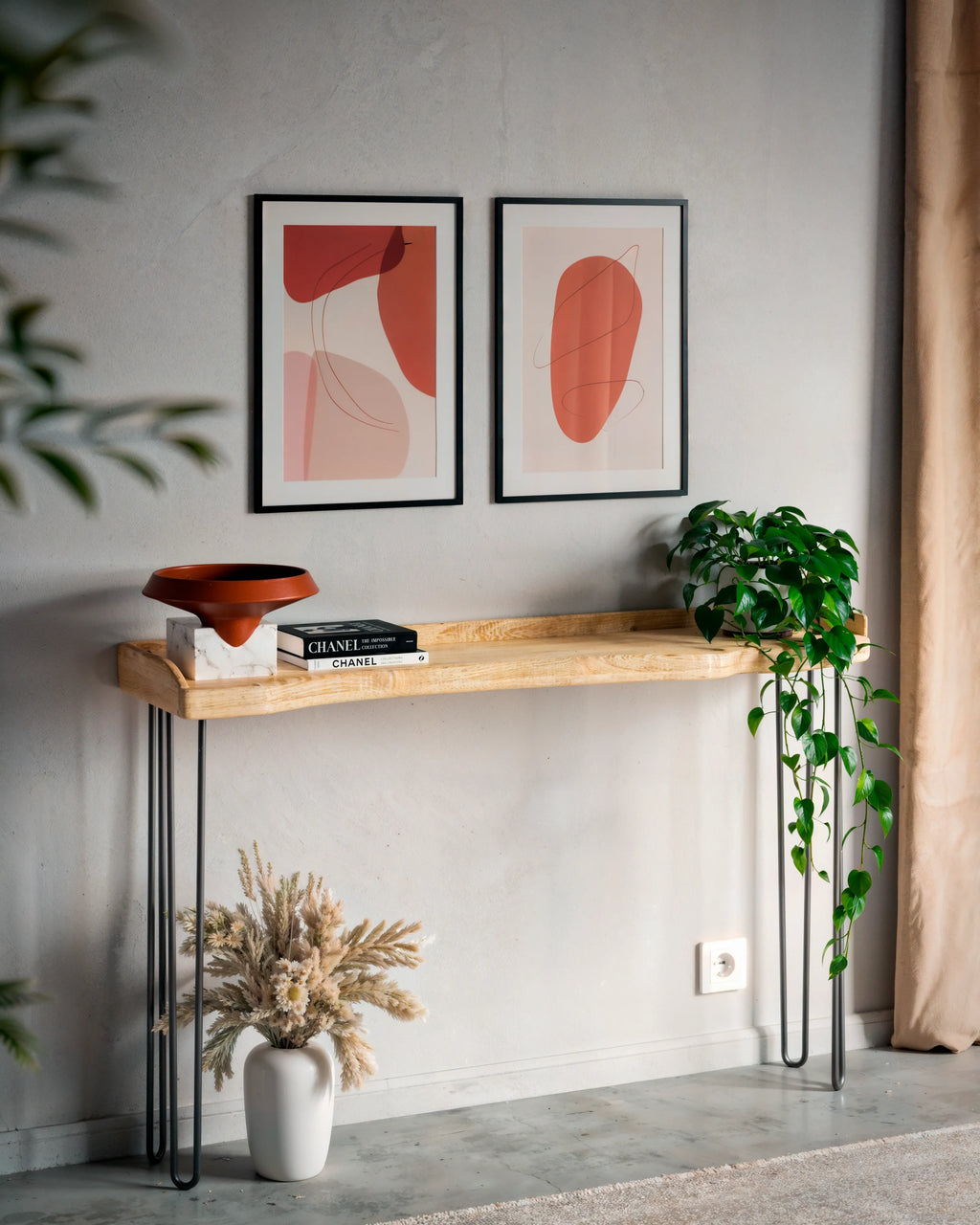 Oak Console Table With Hairpin Legs