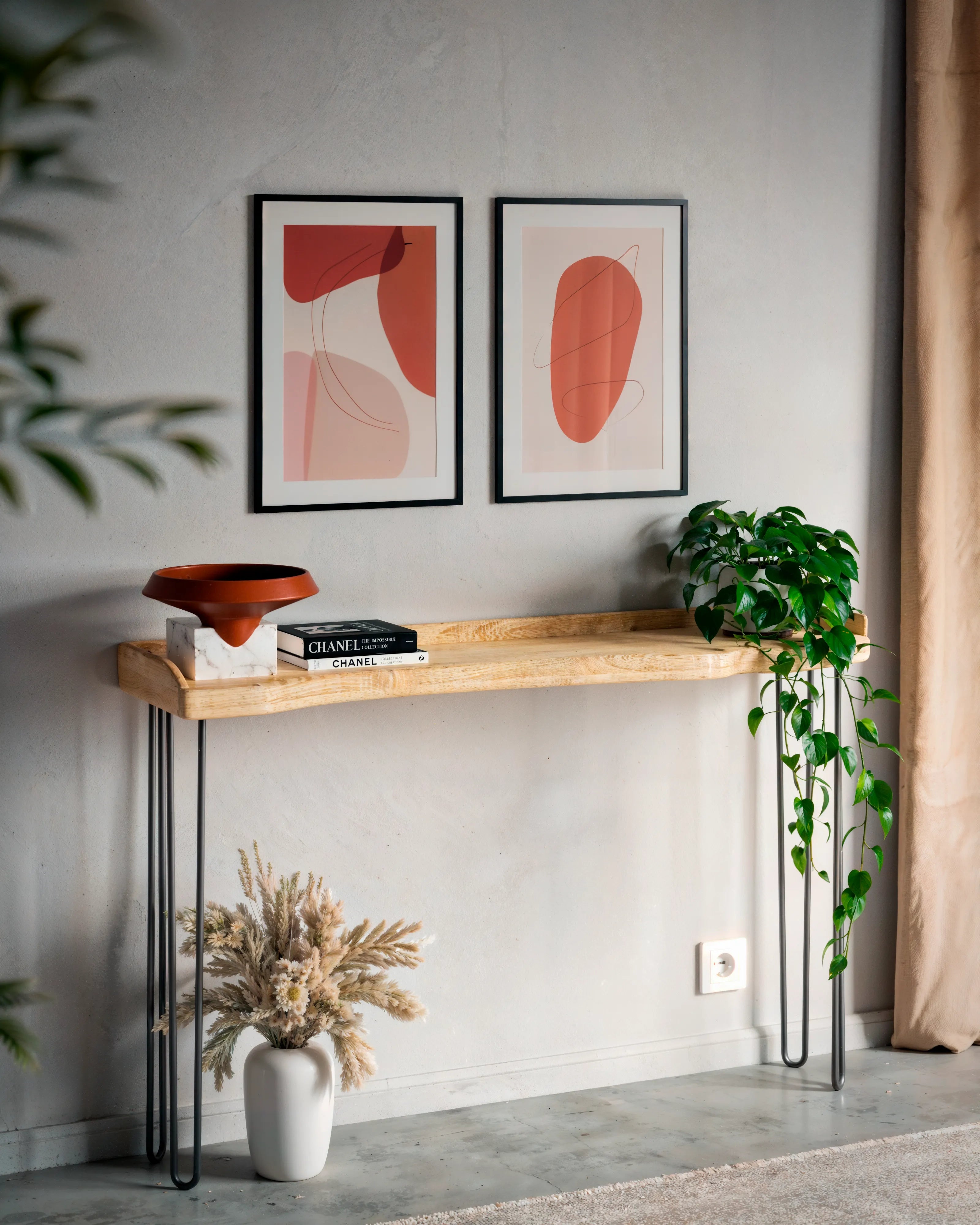 Oak Console Table With Hairpin Legs