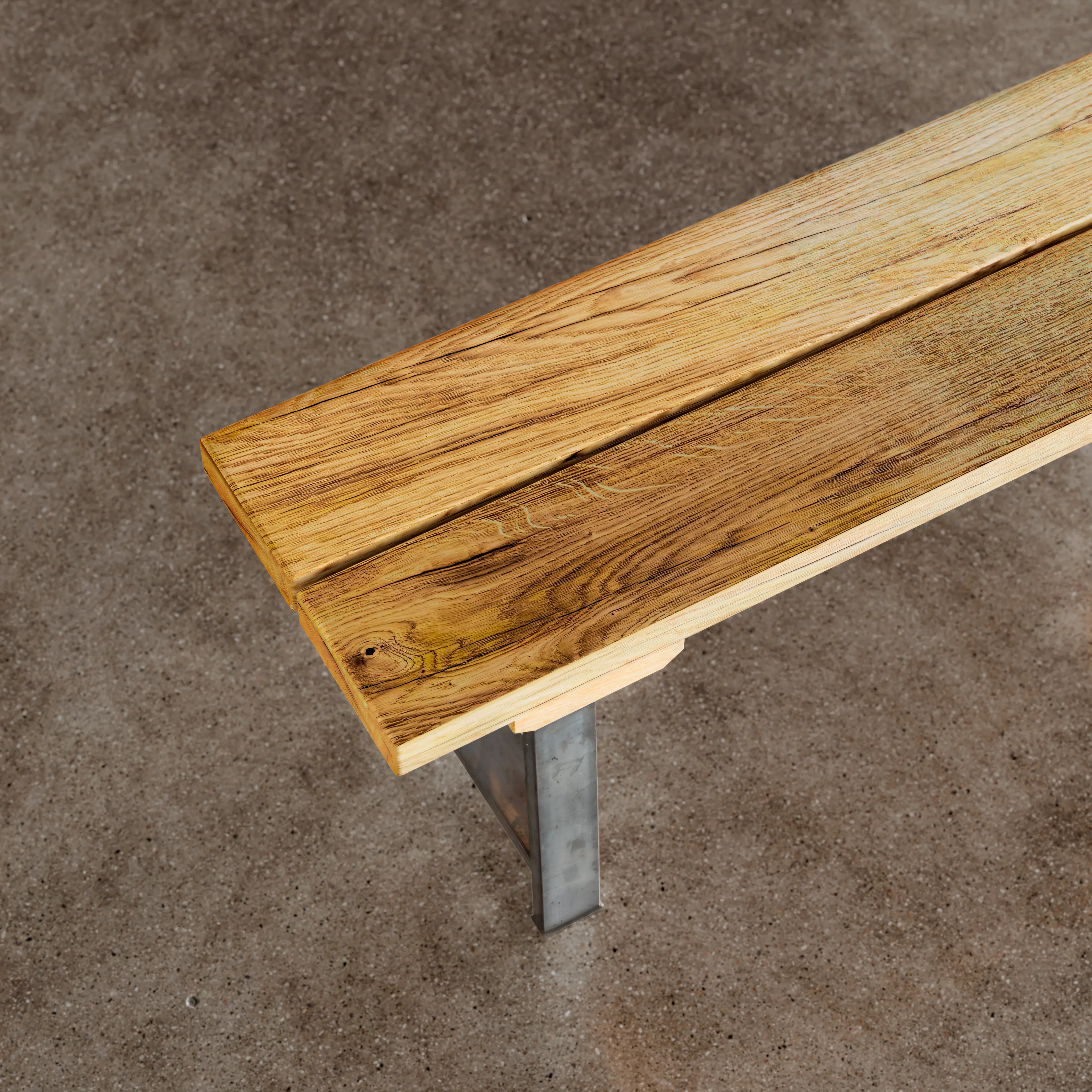 Oak Plank Bench With Antique Iron Legs