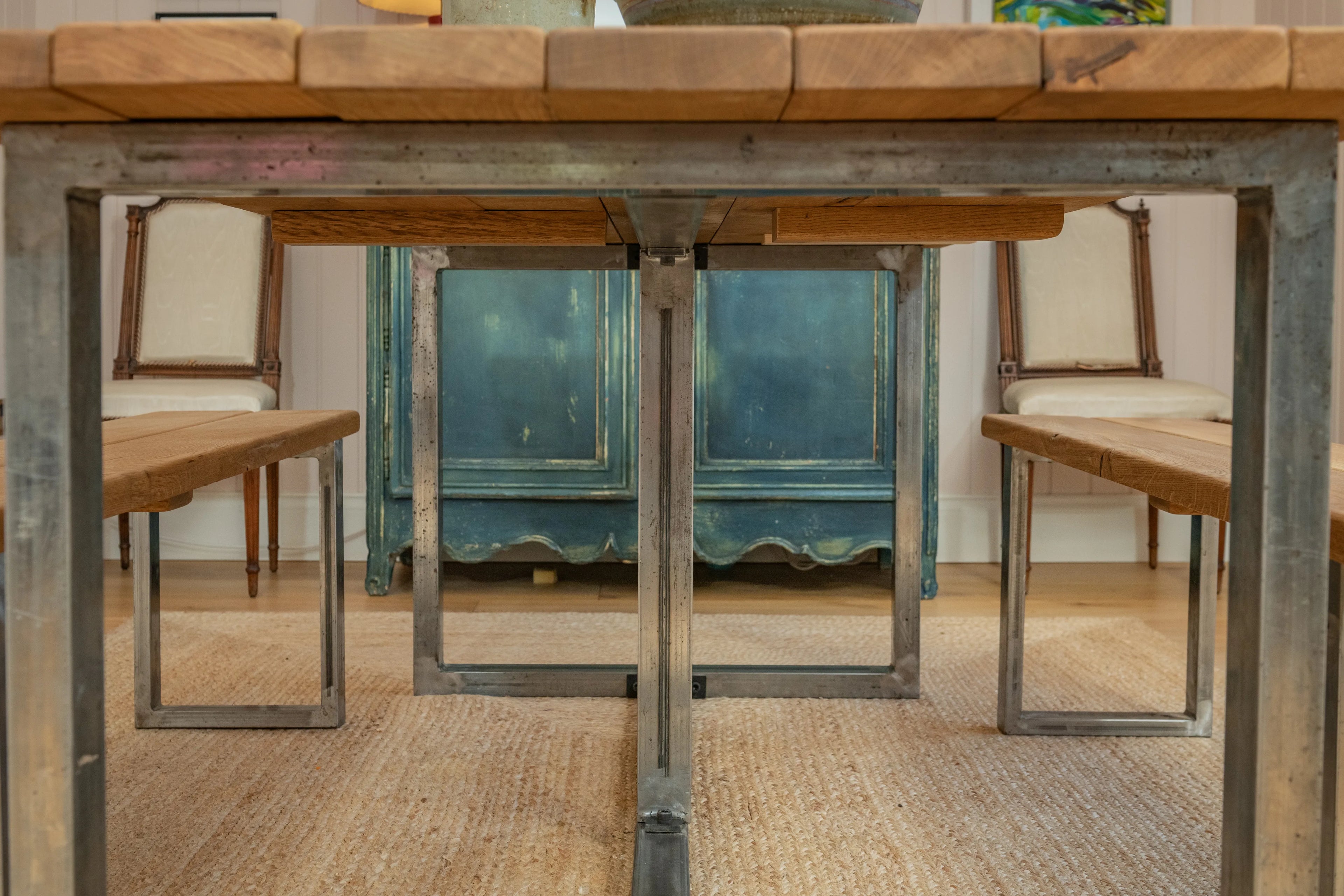 Oak Plank Table With Antique Iron Square Legs