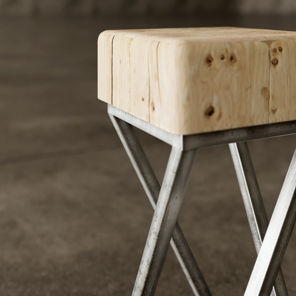 Oak Side Table With Industrial Antique Iron Base