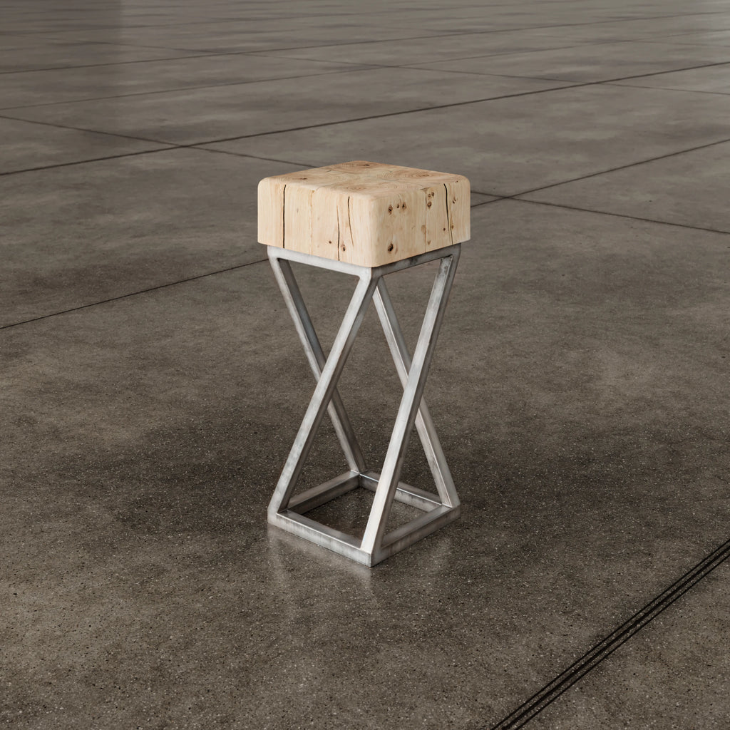 Oak Side Table With Industrial Antique Iron Base