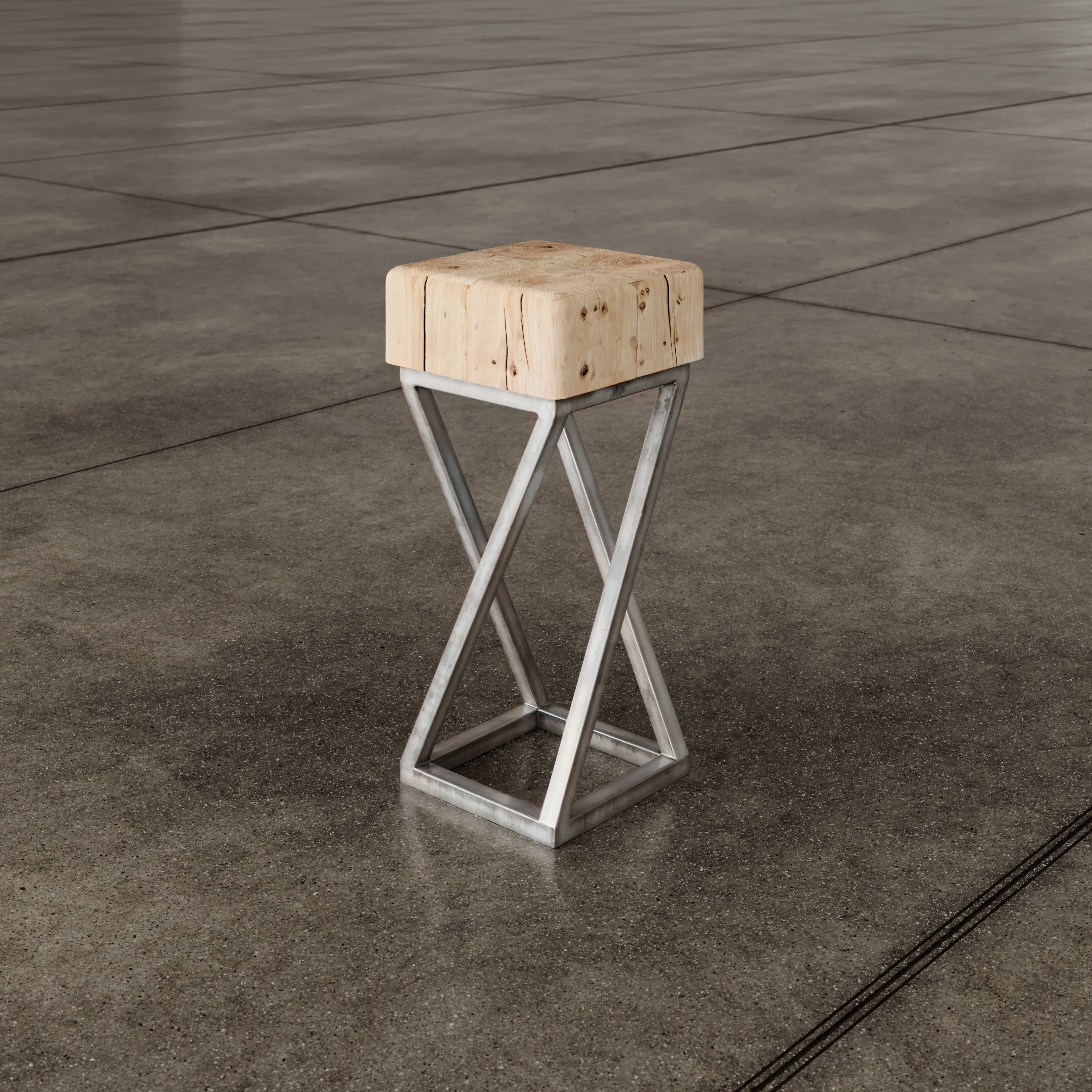 Oak Side Table With Industrial Antique Iron Base