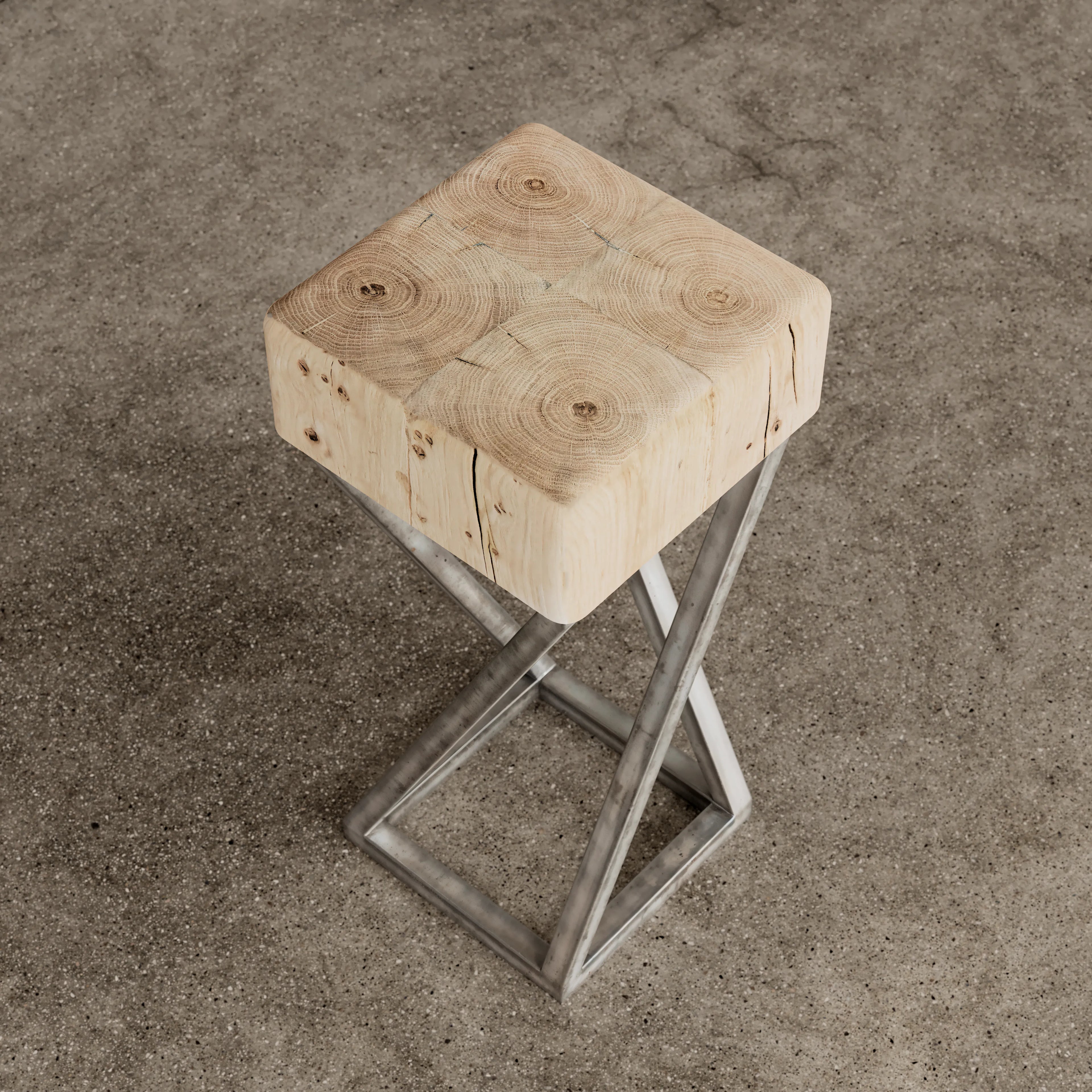Oak Side Table With Industrial Antique Iron Base