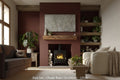 A dark oak fireplace beam installed on a red wall, supporting a mantel, with a cozy living room setting including a lit fireplace, couch, and armchair.