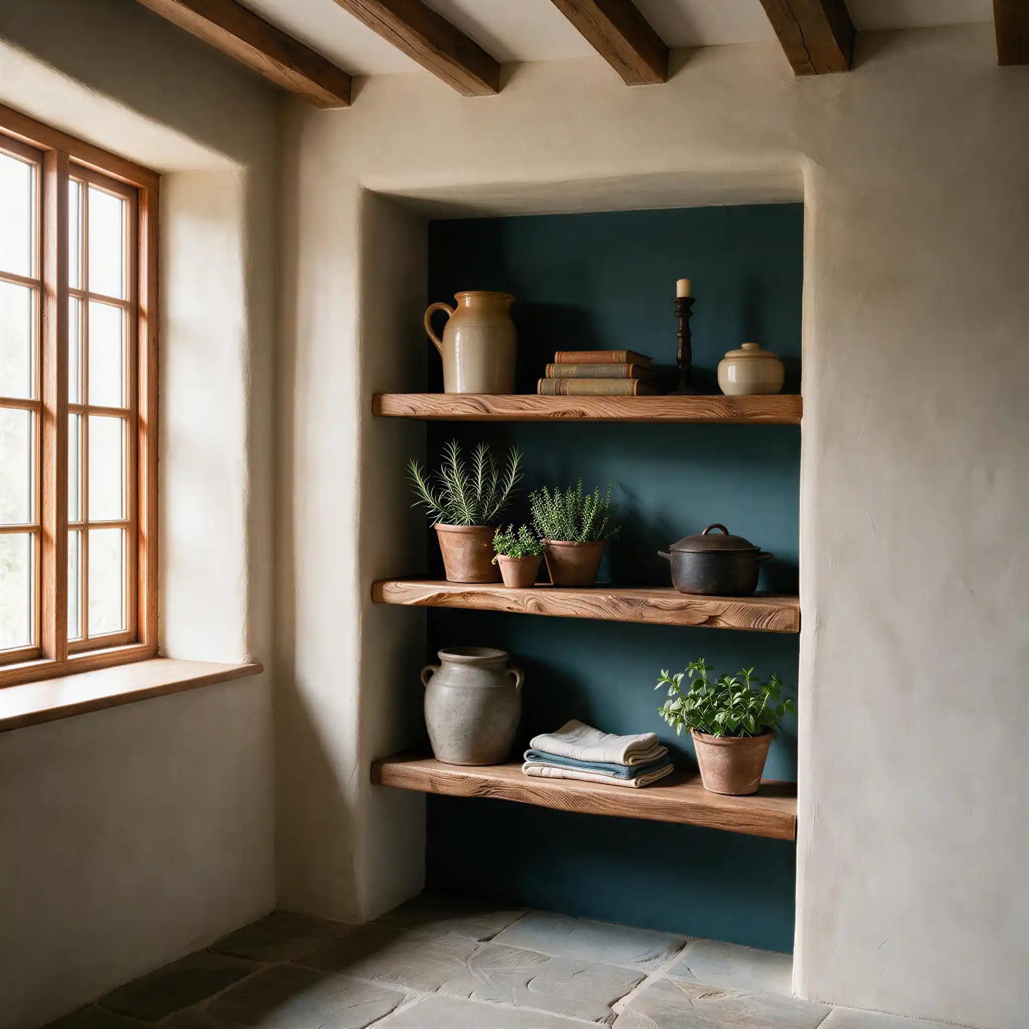 Rustic Style Warm Oak Alcove Shelves