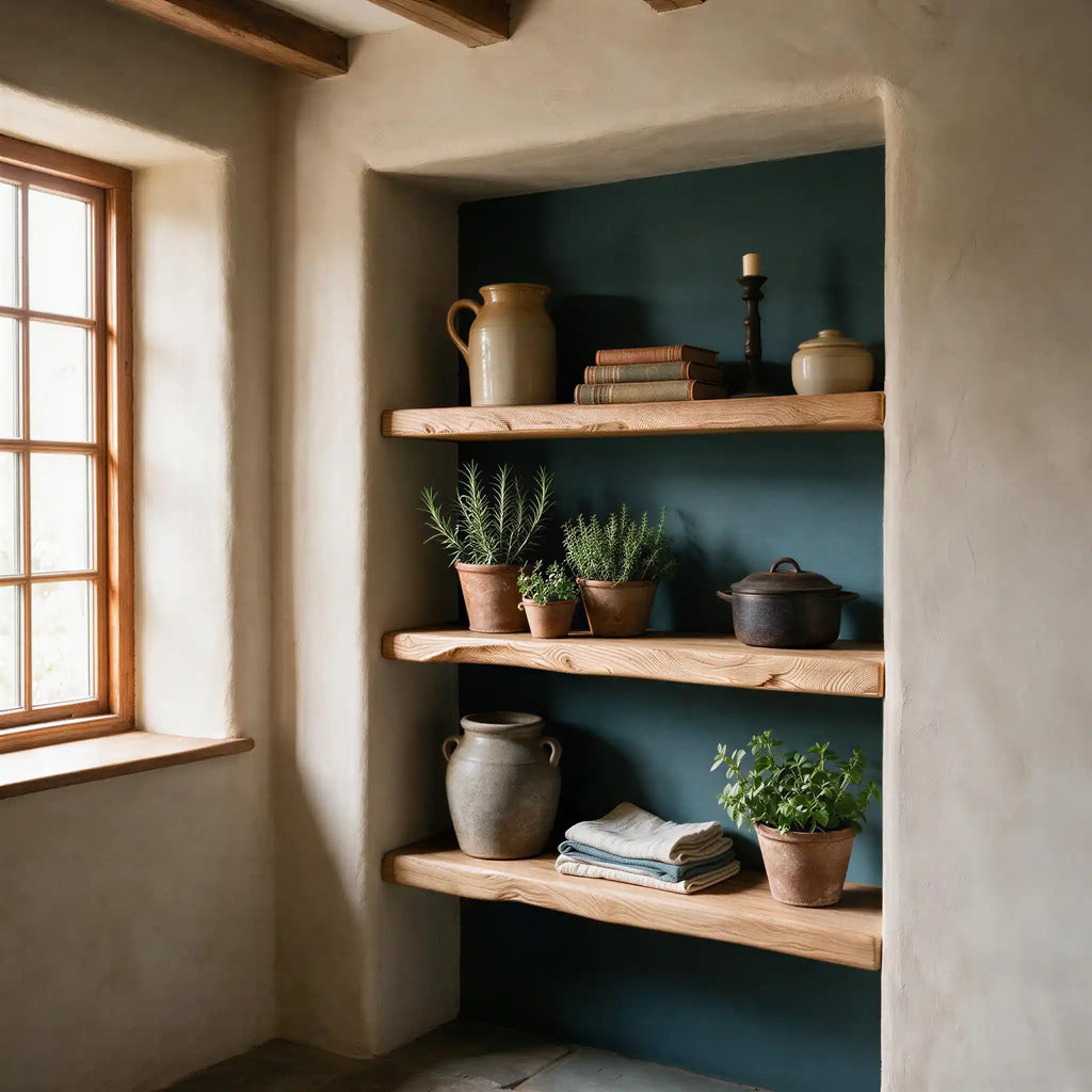 Rustic Style Warm Oak Alcove Shelves