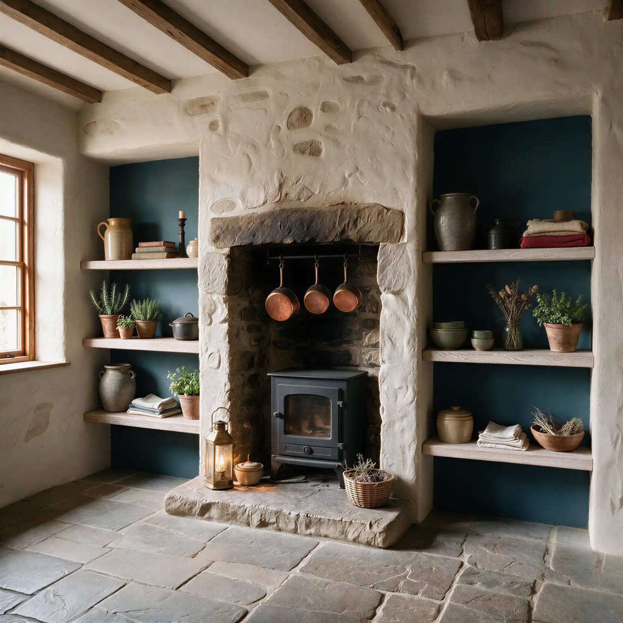 Rustic Style White Oak Alcove Shelves