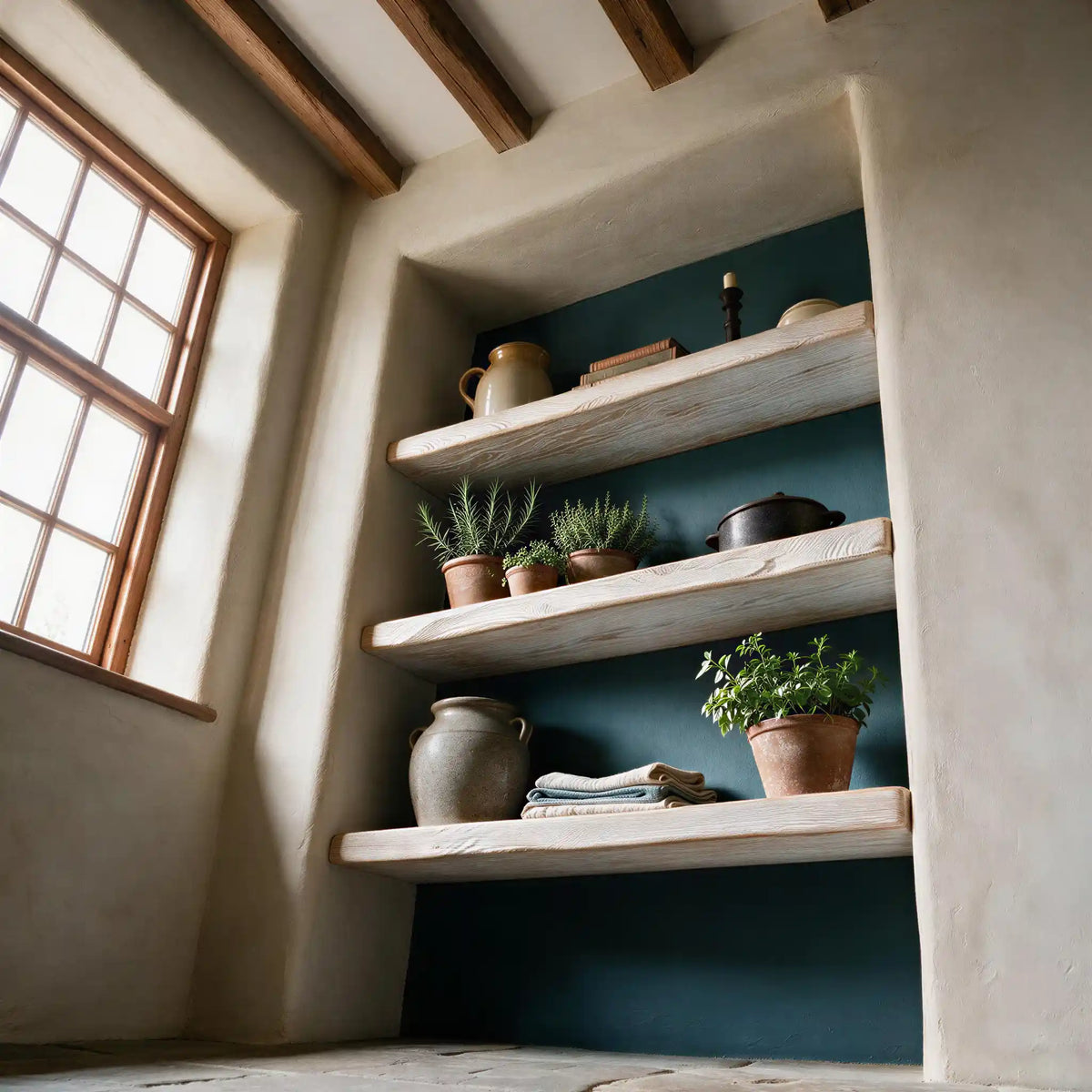 Rustic Style White Oak Alcove Shelves