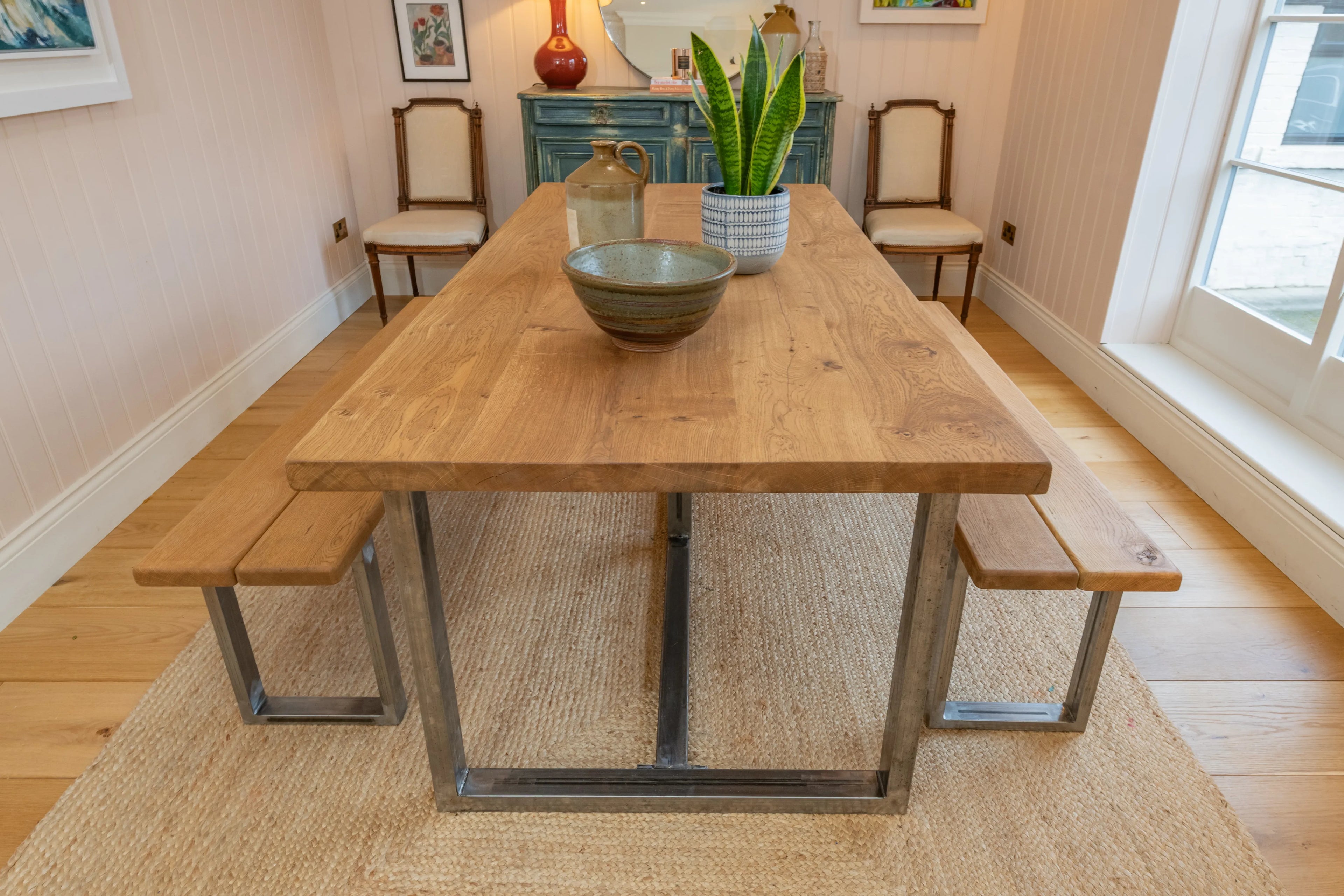 Solid Oak Dining Table With Antique Iron Square Legs