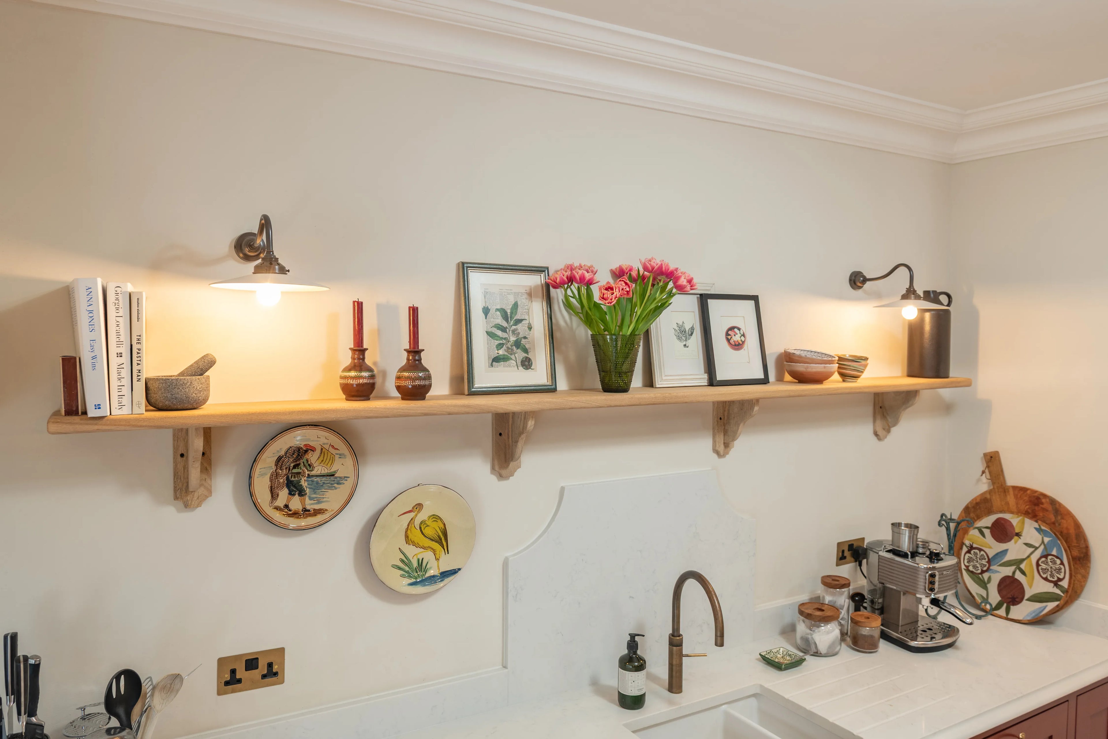 Warm Solid Oak Shelf With Wood Brackets