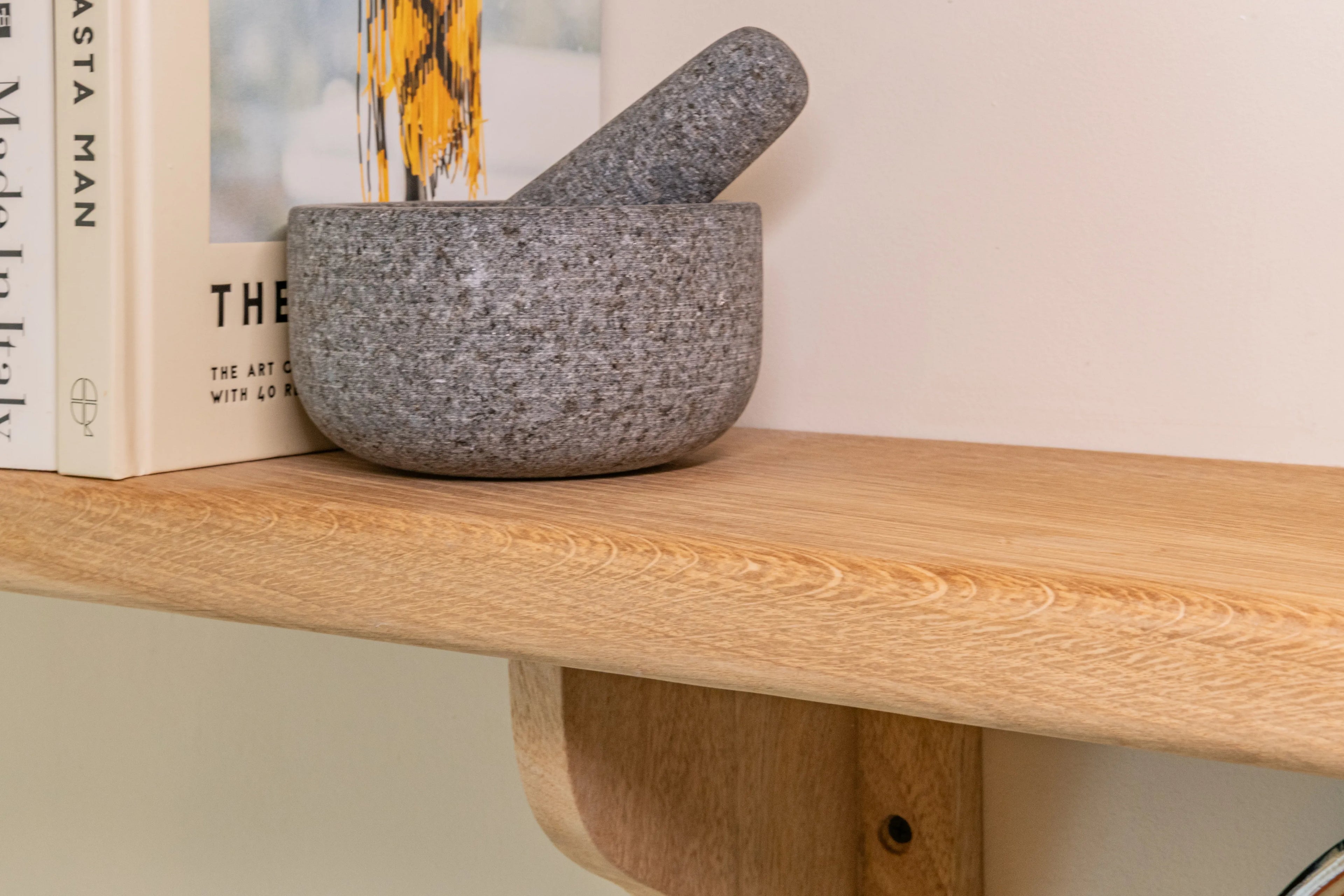 Warm Solid Oak Shelf With Wood Brackets