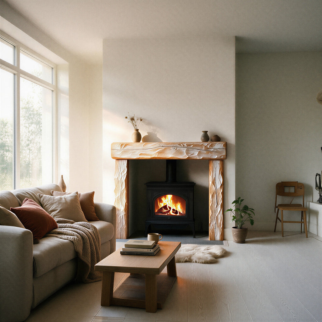 Rustic Limed Oak Fireplace Surround - wide establishing shot