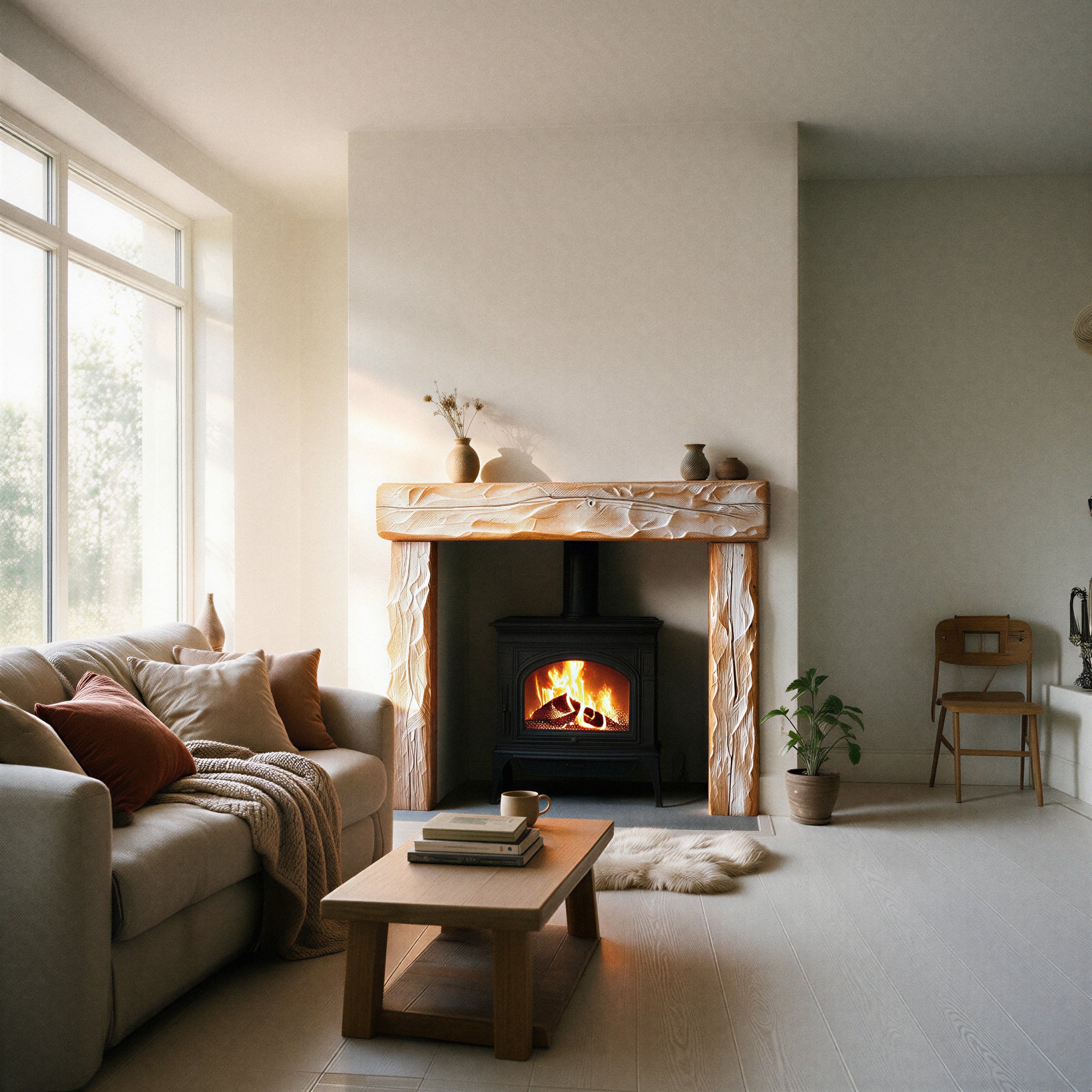 Rustic Limed Oak Fireplace Surround - wide establishing shot