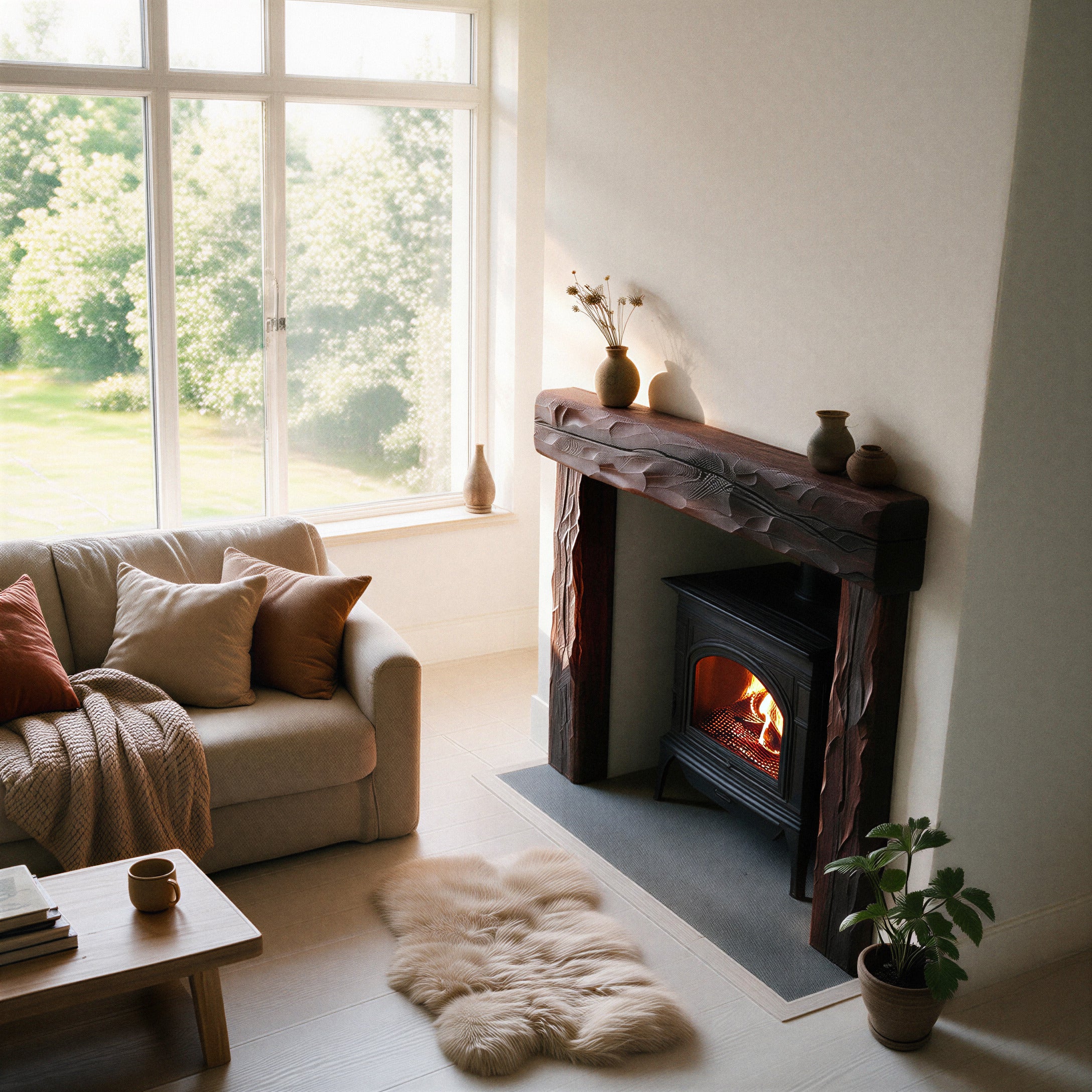 Rustic Dark Oak Fireplace Surround - 3/4 detail angle