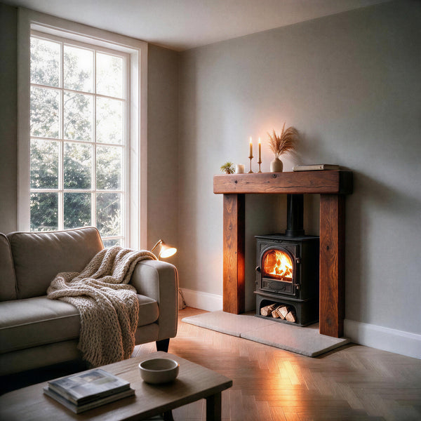 Country Cottage Dark Oak Fireplace Surround - wide shot