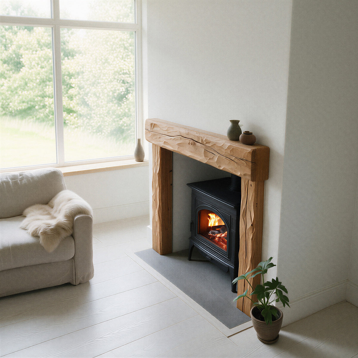 Rustic Natural Oak Fireplace Surround - 3/4 detail angle