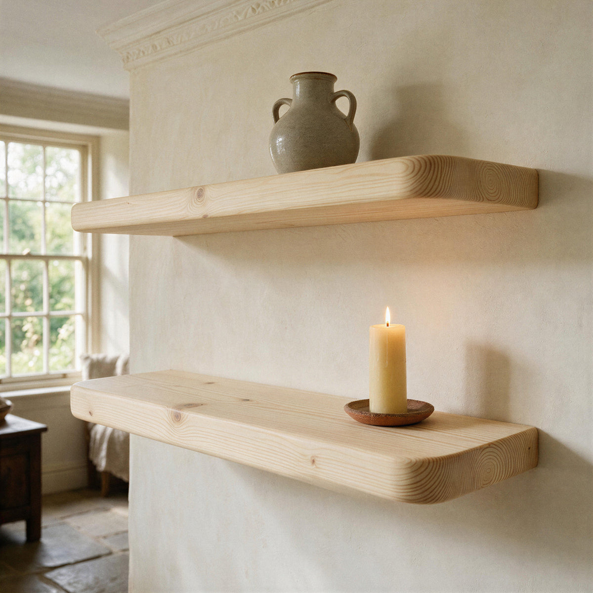 Country Cottage Style Natural Pine Floating Shelf