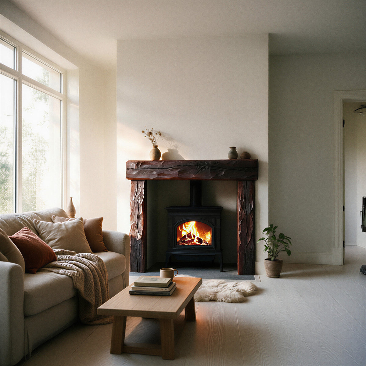 Rustic Dark Oak Fireplace Surround - wide establishing shot
