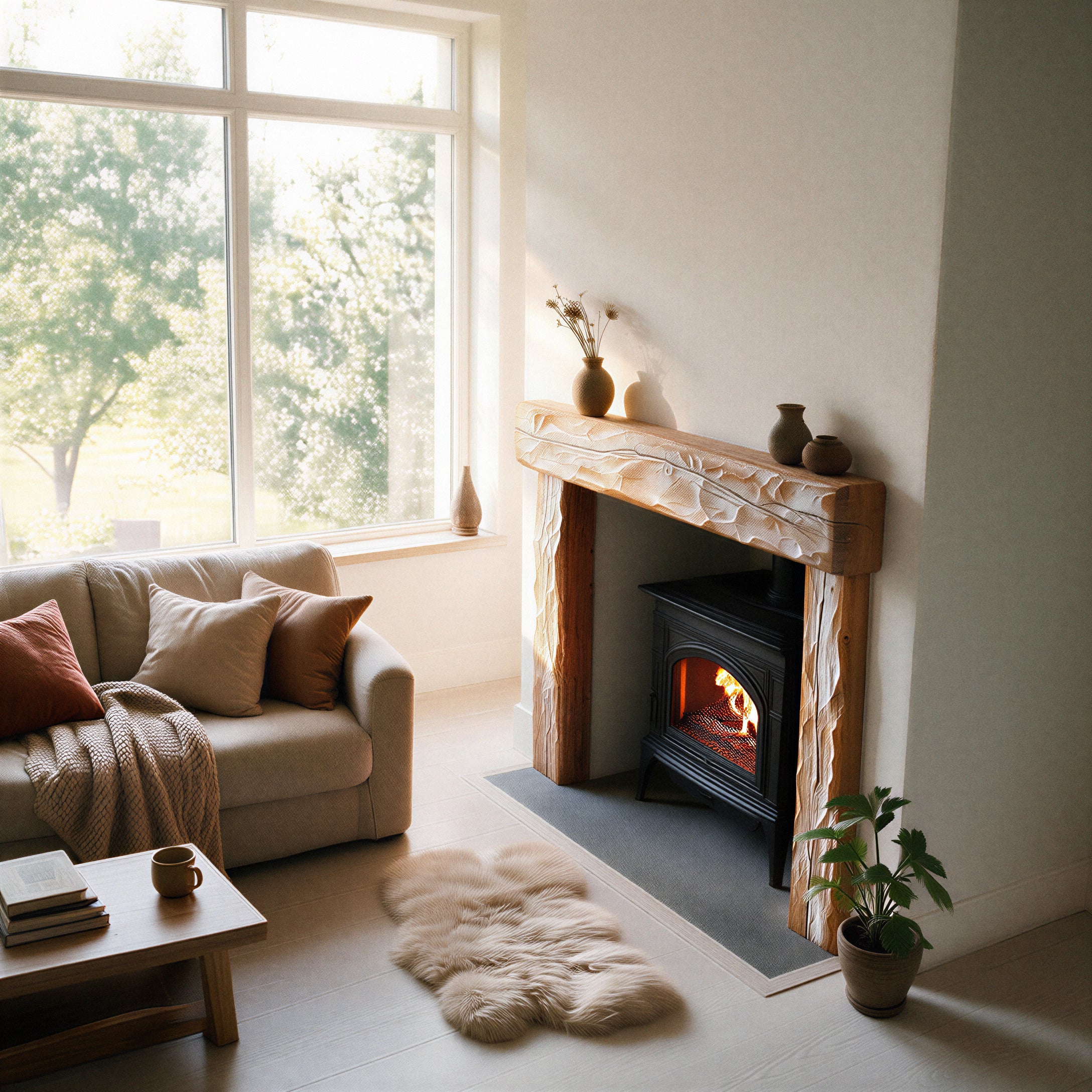 Rustic Limed Oak Fireplace Surround - 3/4 detail angle