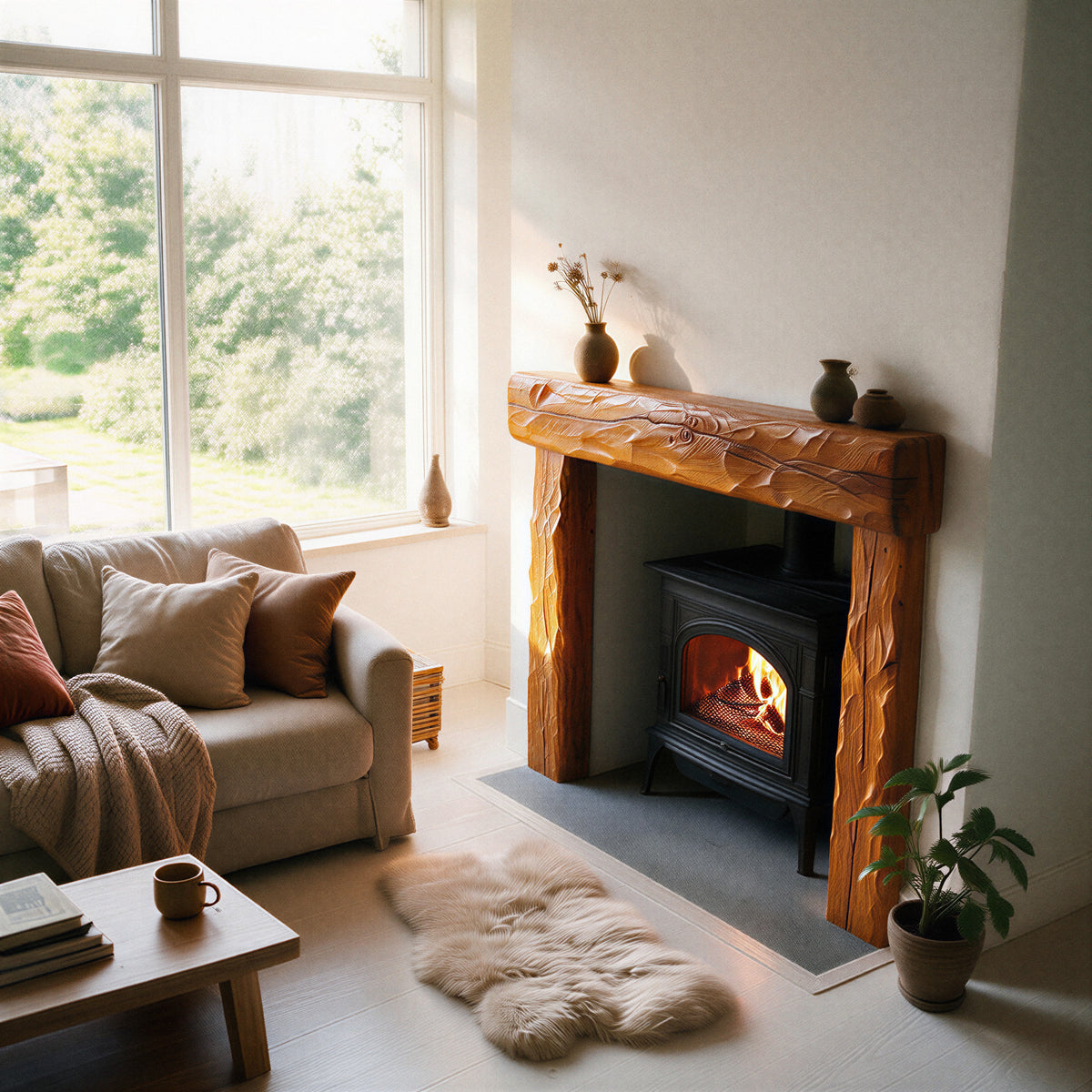 Rustic Warm Oak Fireplace Surround - 3/4 detail angle