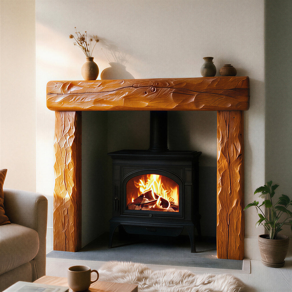 Rustic Warm Oak Fireplace Surround - grain detail macro