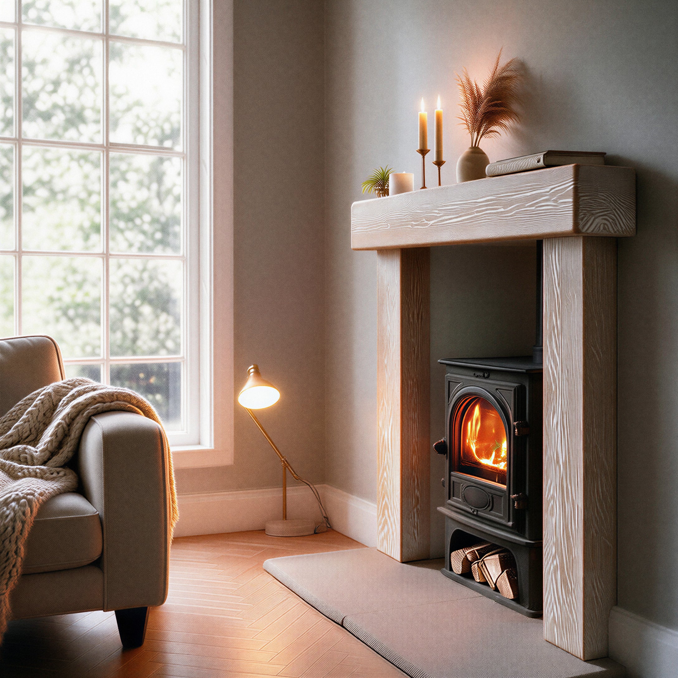 Country Cottage Limed Oak Fireplace Surround - jamb to mantel joinery detail