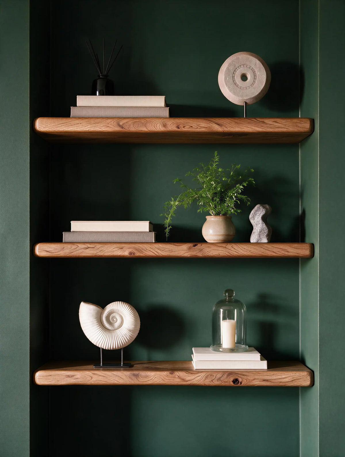 Farmhouse Style Warm Oak Alcove Shelves