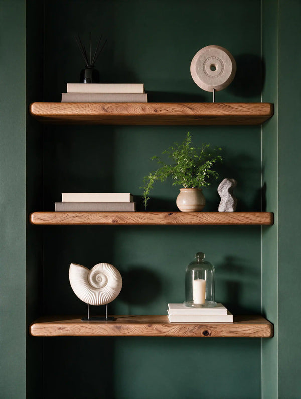 Farmhouse Style Warm Oak Alcove Shelves