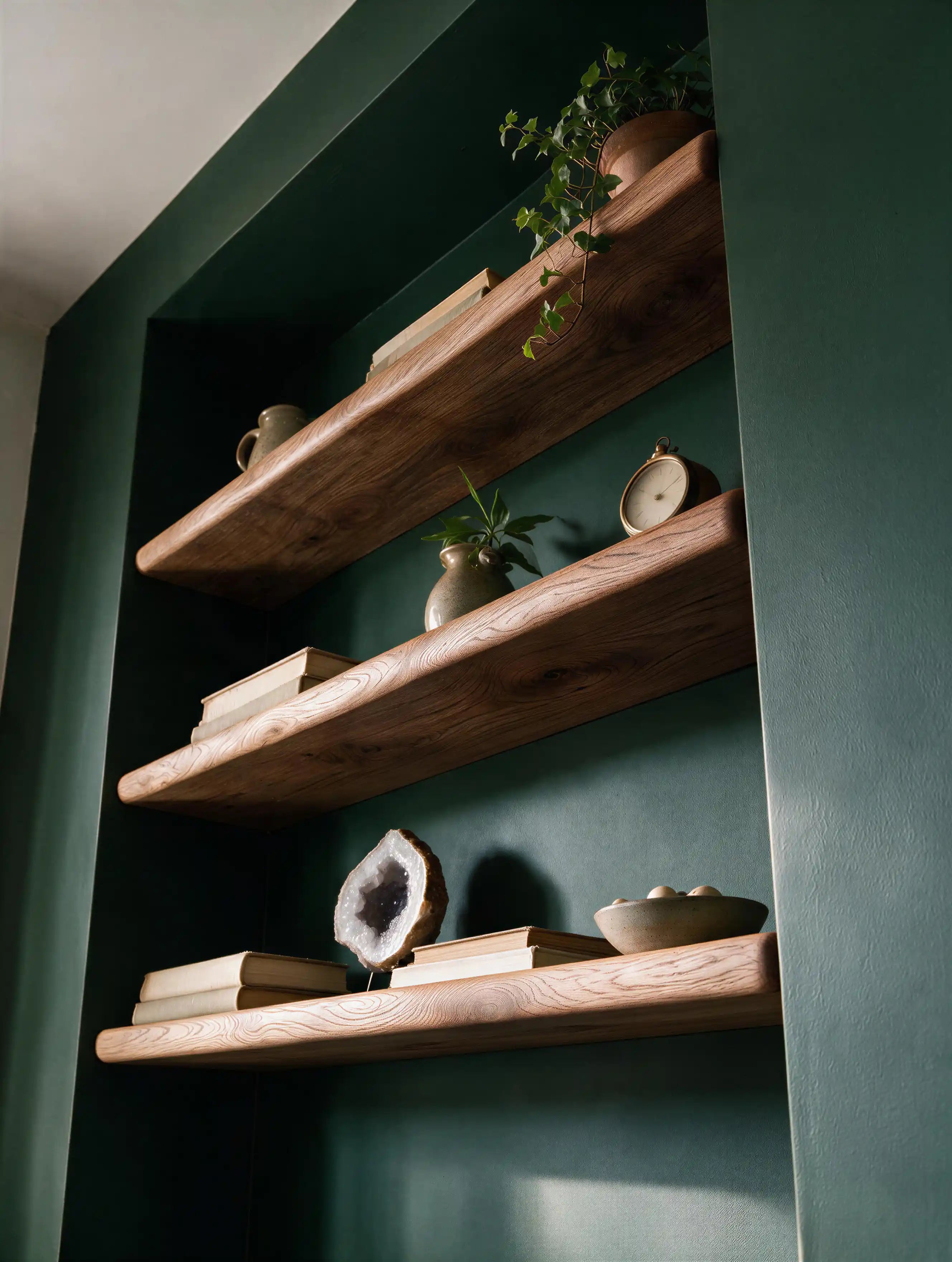Farmhouse Style Warm Oak Alcove Shelves