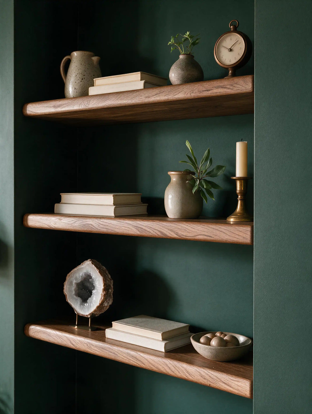 Farmhouse Style Warm Oak Alcove Shelves