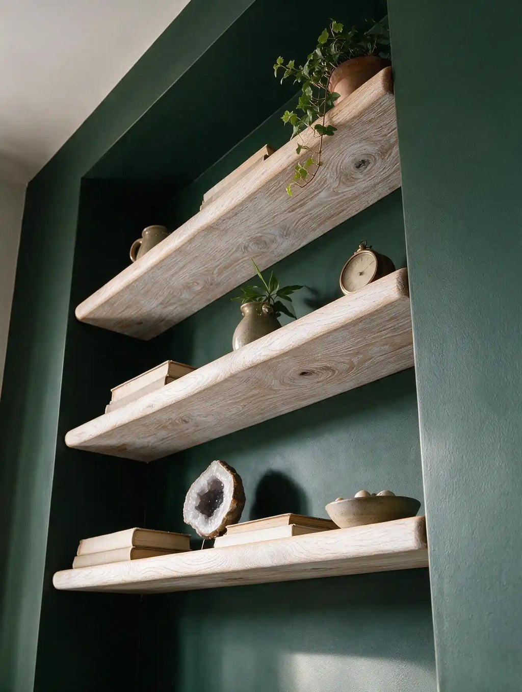 Farmhouse Style White Oak Alcove Shelves