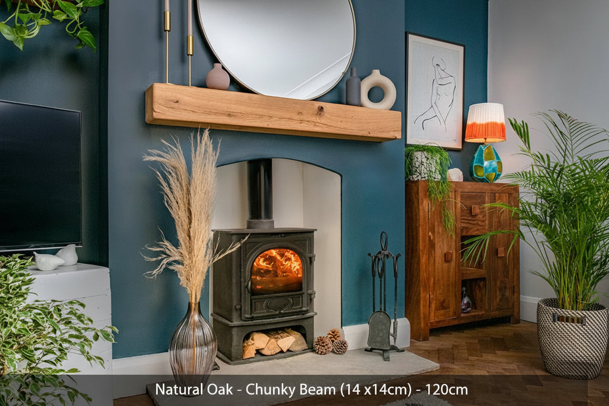 A natural oak fireplace beam with rounded edges, hanging on a blue wall above a fireplace, surrounded by decorative plants and furniture.