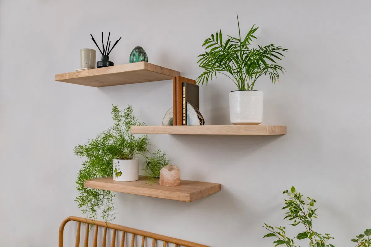 Thin Contemporary Clean Lined – White Oak Floating Shelves For Plasterboard Walls